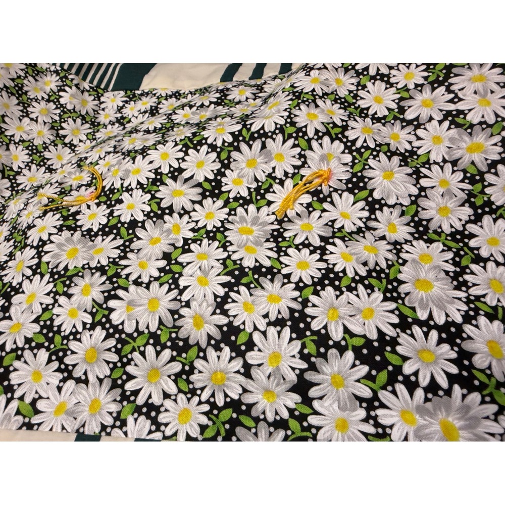Handmade Patchwork Tied Quilt Floral Daisy Striped Cottagecore Black Green Cream - Picture 3 of 16